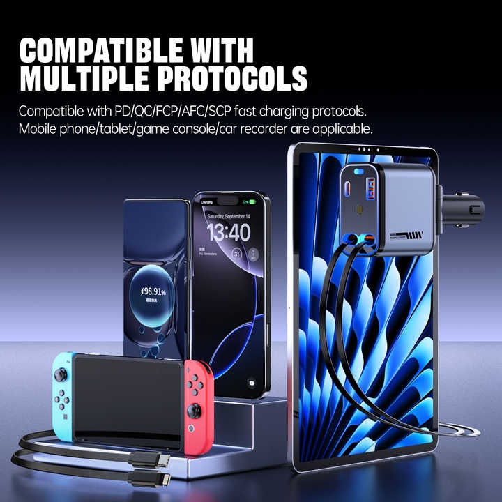 Retractable Car Charger – 66W Fast Charging with Type-C & Lightning Cables