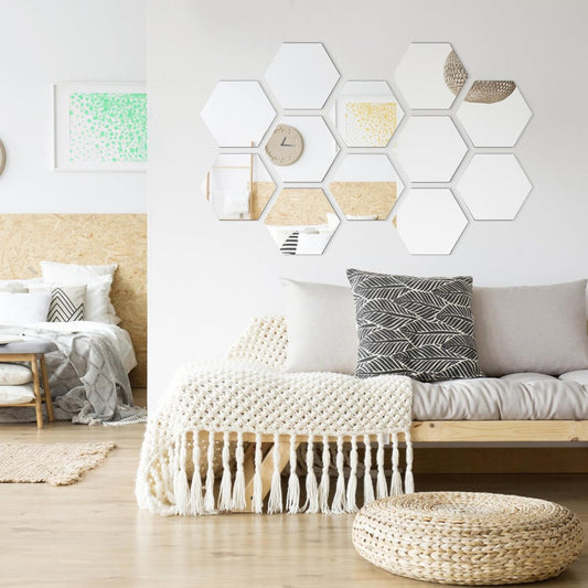 12 Pieces Mirror Wall Stickers – Self-Adhesive Hexagon Acrylic Décor (Golden/Silver)