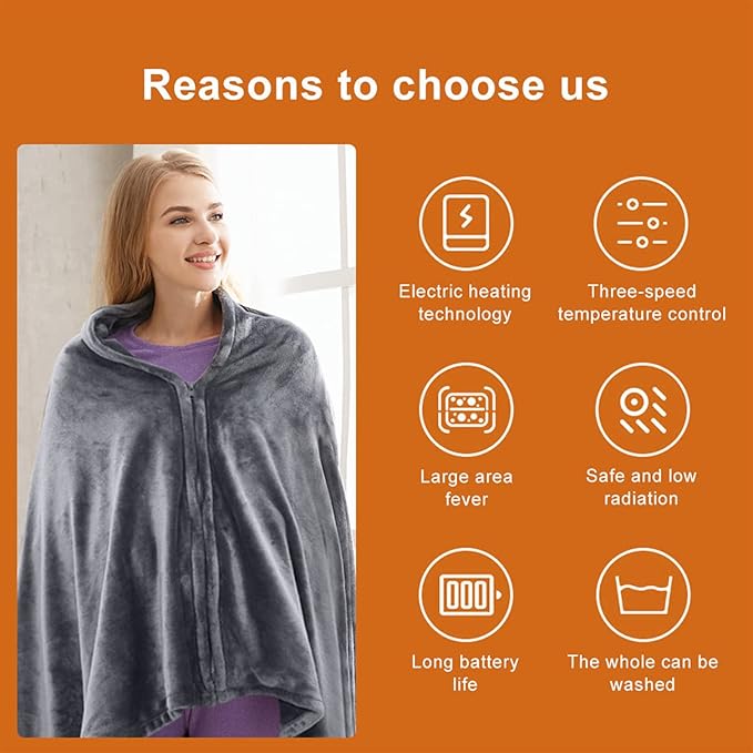Electric Heated Plush Blanket – USB Powered Coral Fleece Shawl with 3 Heat Settings