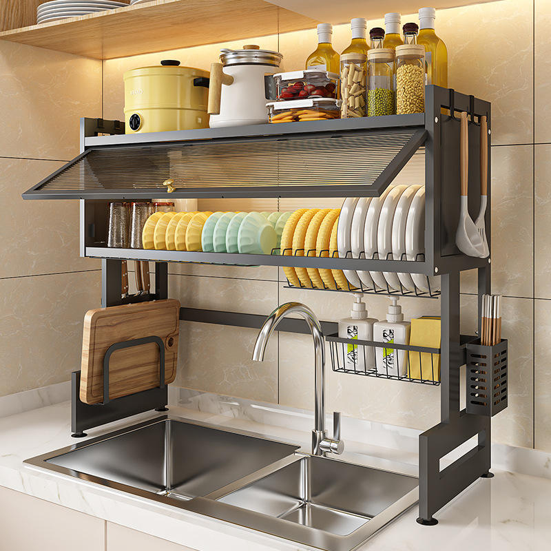 Stainless Steel Kitchen Sink Shelf with Cabinet Door | Space-Saving Dish Rack Organizer