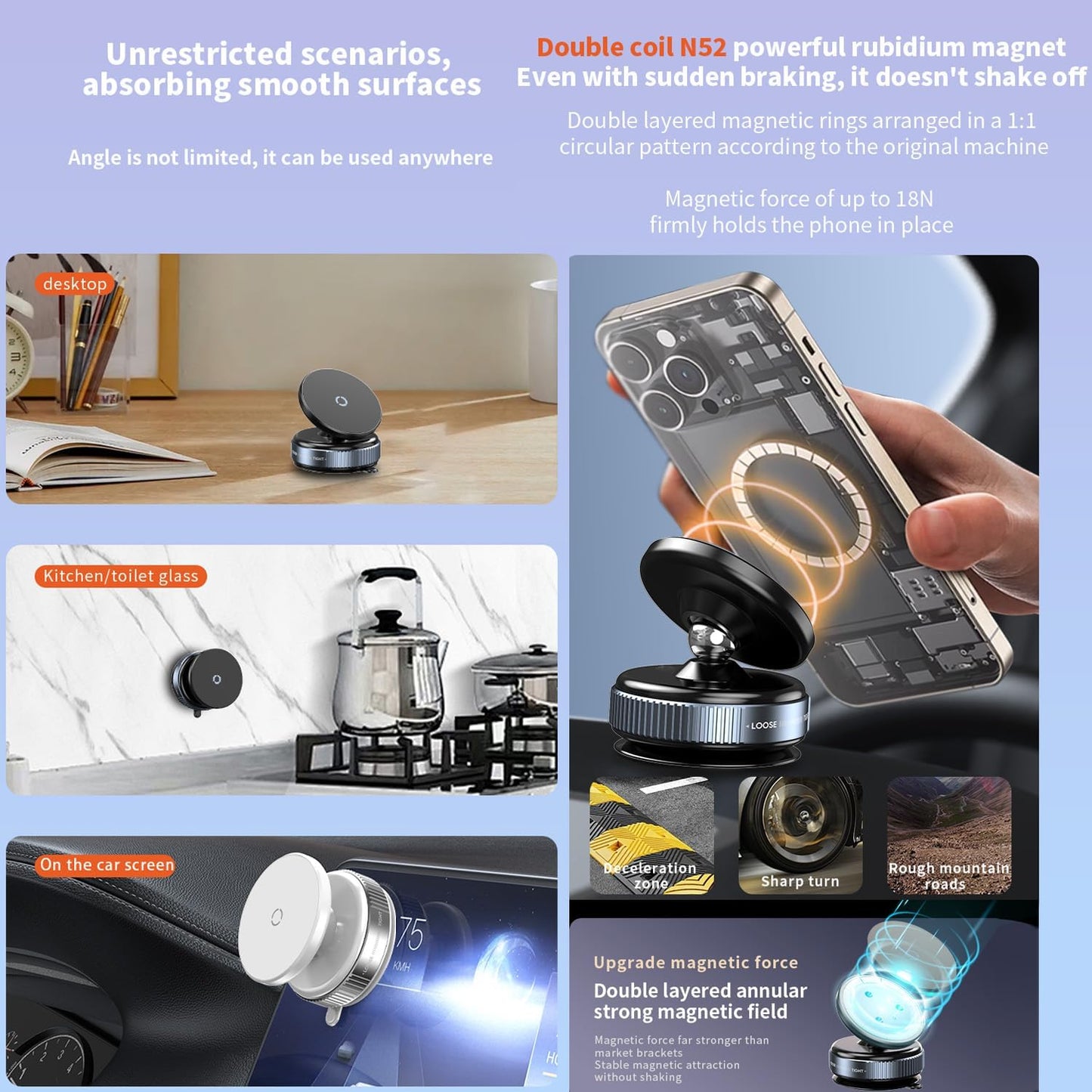 Magnetic Vacuum Car Phone Holder | 360° Rotatable Suction Mount