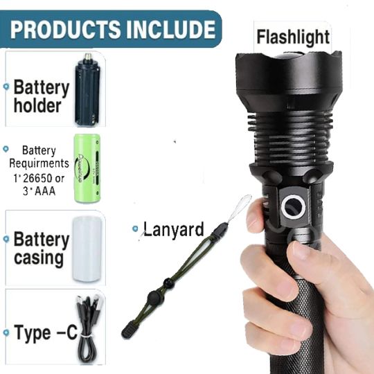 P90 Metal Body Rechargeable Laser Flashlight – Ultra Bright LED Torch