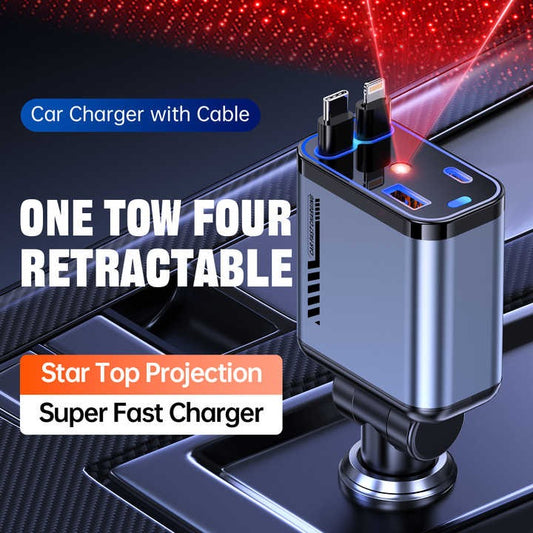 Retractable Car Charger – 66W Fast Charging with Type-C & Lightning Cables