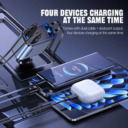 Retractable Car Charger – 66W Fast Charging with Type-C & Lightning Cables
