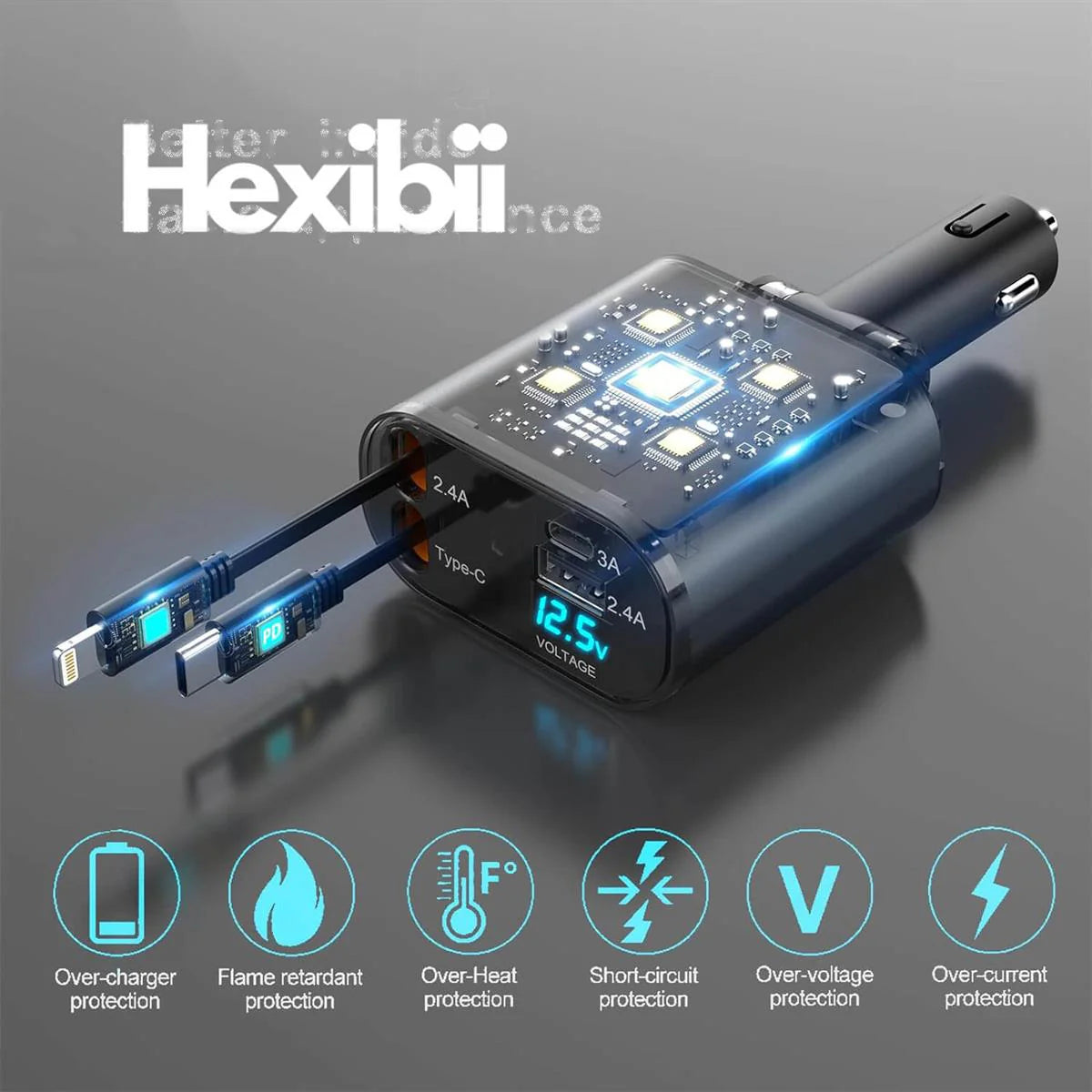 Retractable Car Charger – 66W Fast Charging with Type-C & Lightning Cables