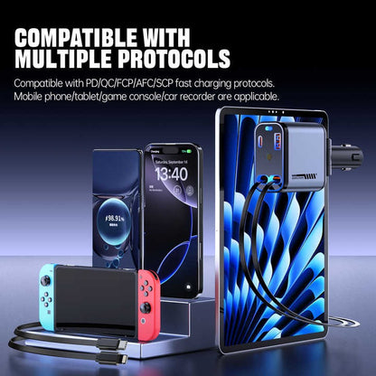 Retractable Car Charger – 66W Fast Charging with Type-C & Lightning Cables