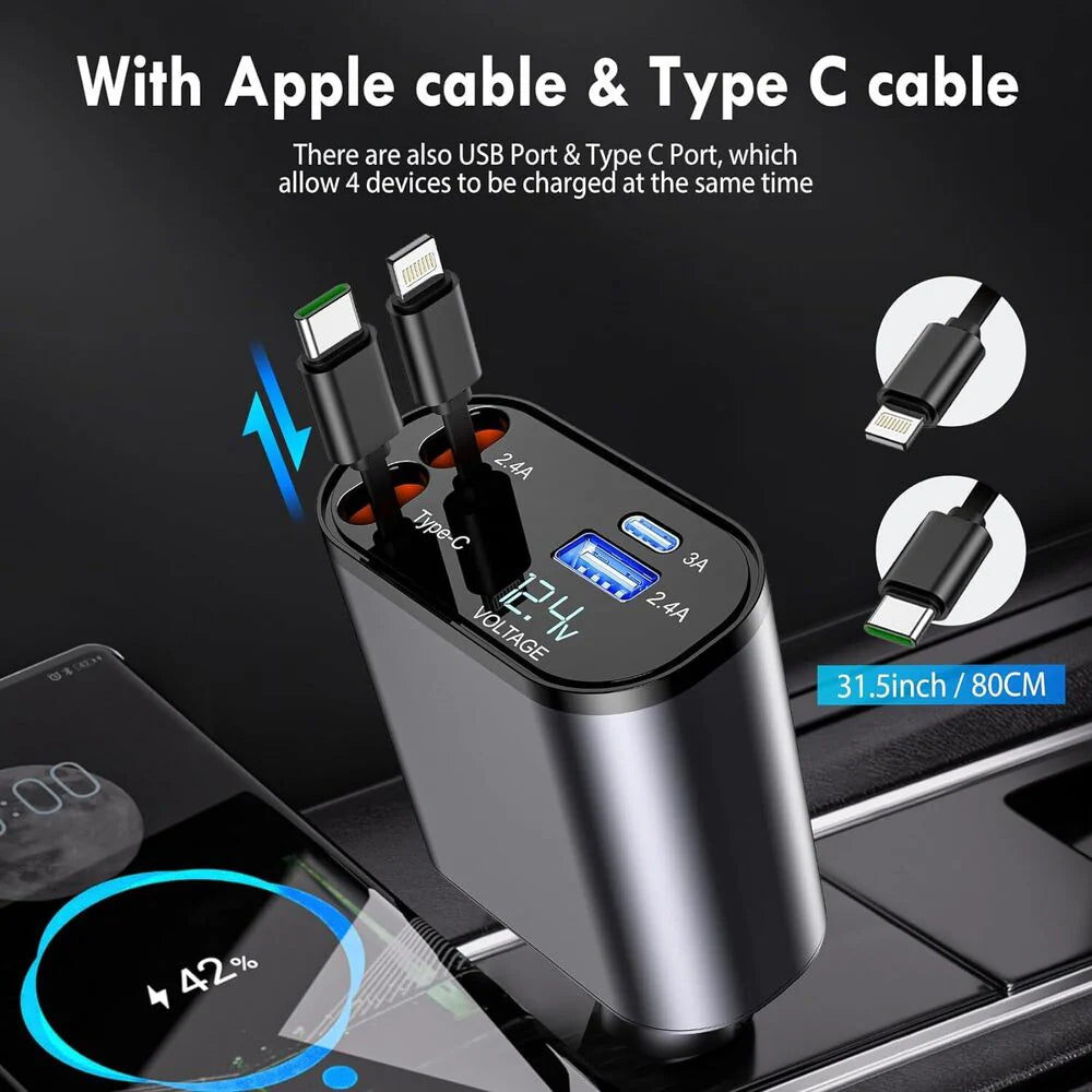Retractable Car Charger – 66W Fast Charging with Type-C & Lightning Cables