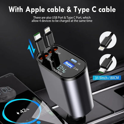 Retractable Car Charger – 66W Fast Charging with Type-C & Lightning Cables