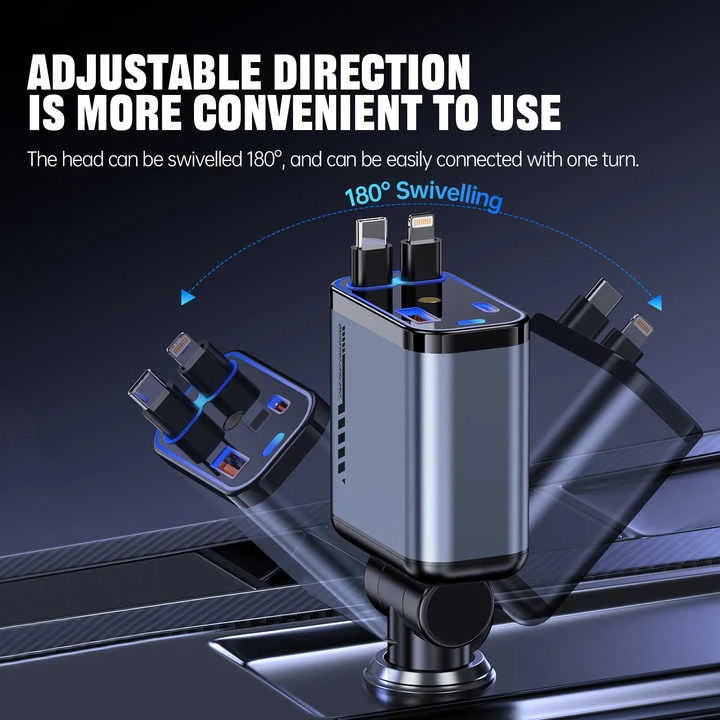 Retractable Car Charger – 66W Fast Charging with Type-C & Lightning Cables